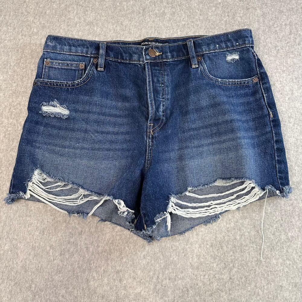 Calvin Klein Button Up Jean Shorts WMNS 30 Medium Wash Blue Ripped Raw Mid Rise